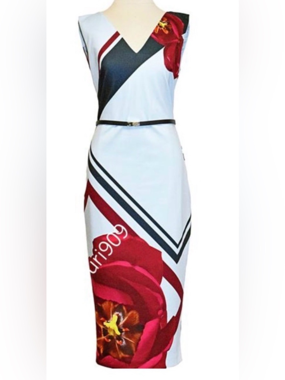 Ted Baker White Dress with Red Floral and Black Stripe Accents
